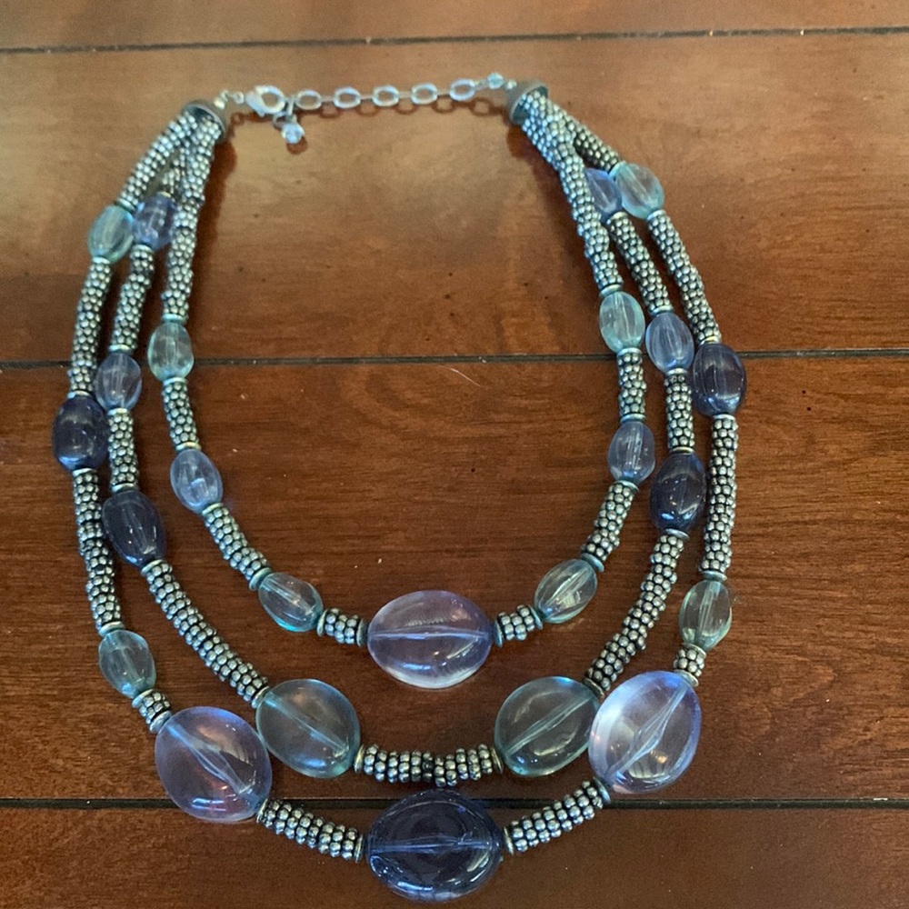 Green, blue, purple, & silver beaded multi strand necklace